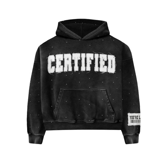 Black "CERTIFIED" Patchwork Rhinestone Hoodie