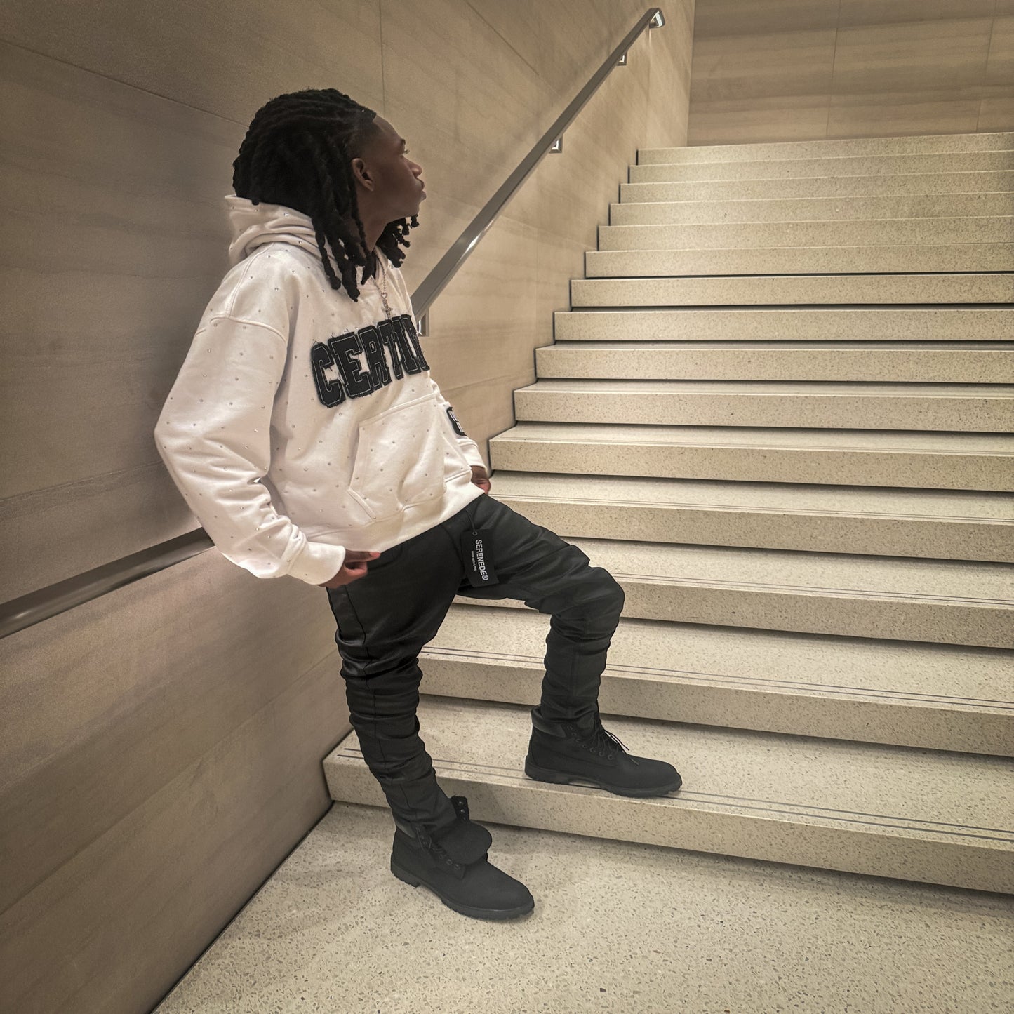 White "CERTIFIED" Patchwork Rhinestone hoodie