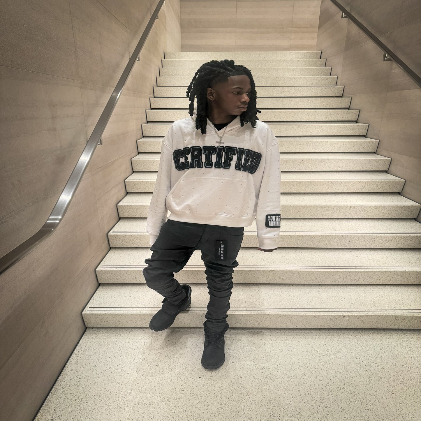 White "CERTIFIED" Patchwork Rhinestone hoodie