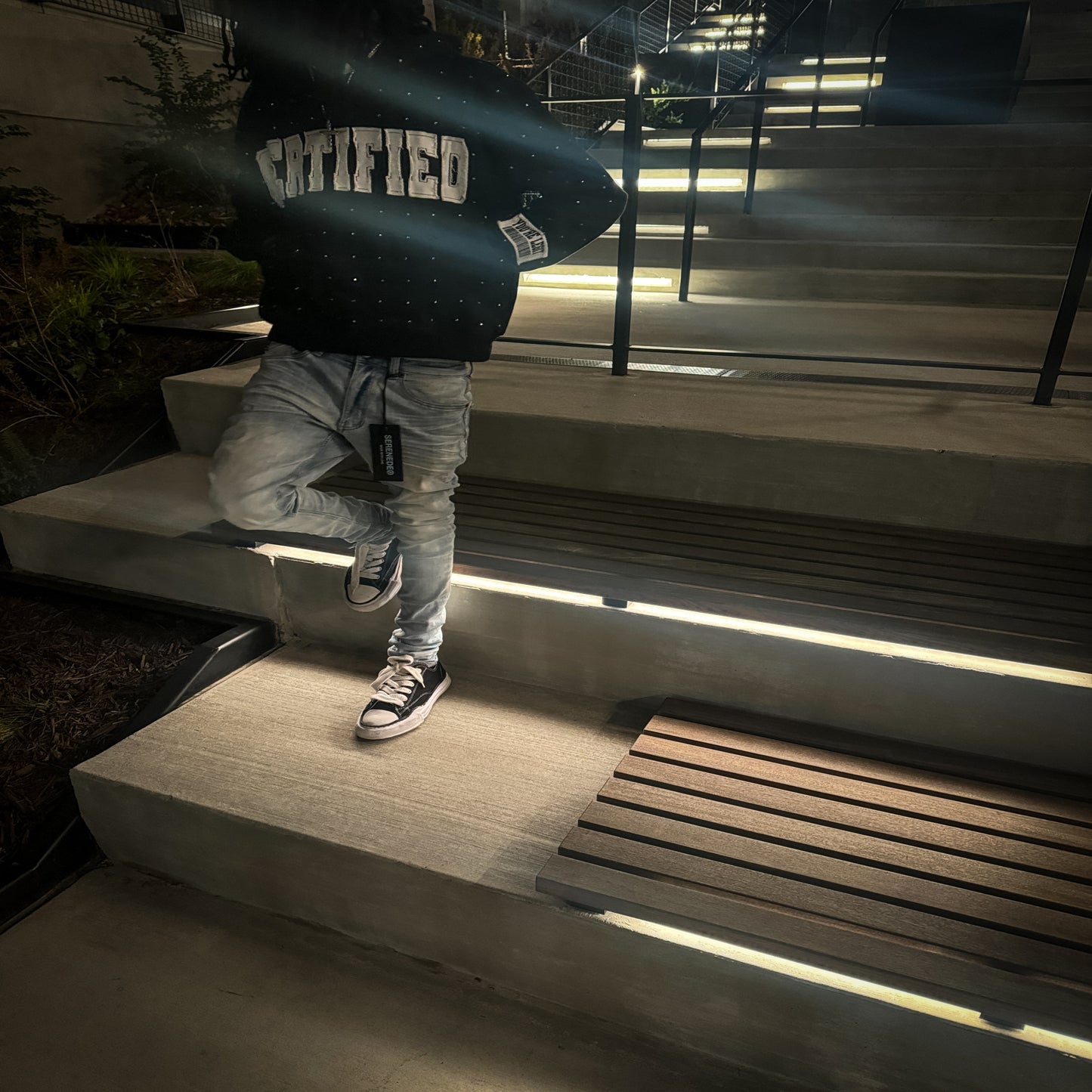 Black "CERTIFIED" Patchwork Rhinestone Hoodie