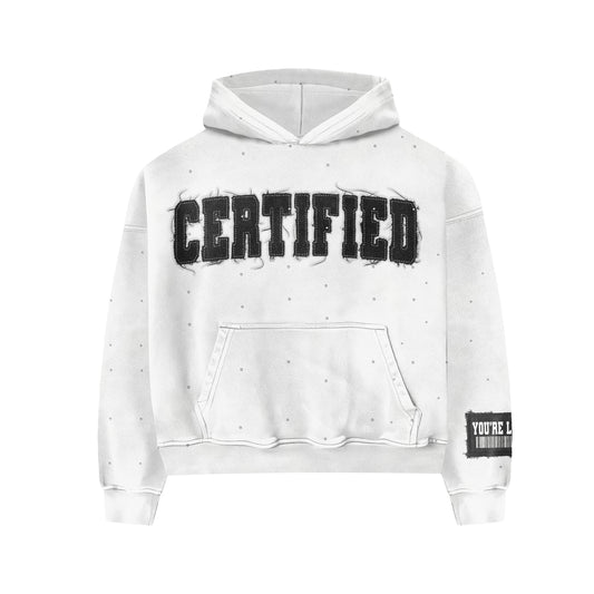 White "CERTIFIED" Patchwork Rhinestone hoodie