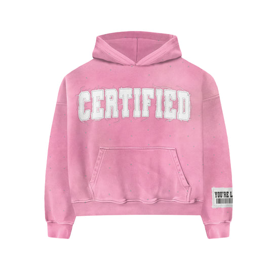 Pink "CERTIFIED" Patchwork Rhinestone Hoodie